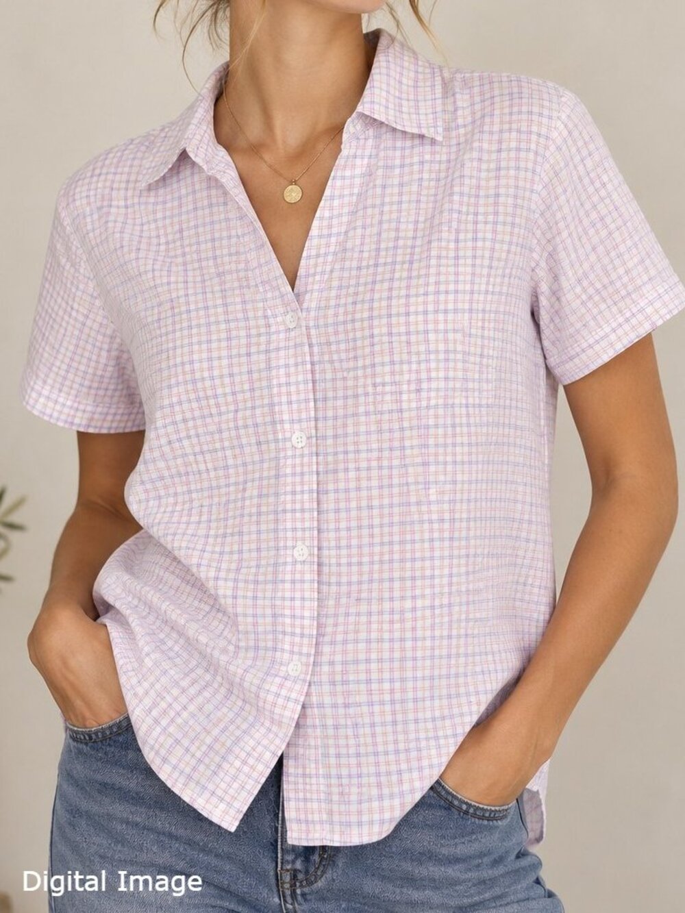 Y2K Pink Plaid Camp Shirt Small Button Front V Neck Short Sleeve Basic Editions